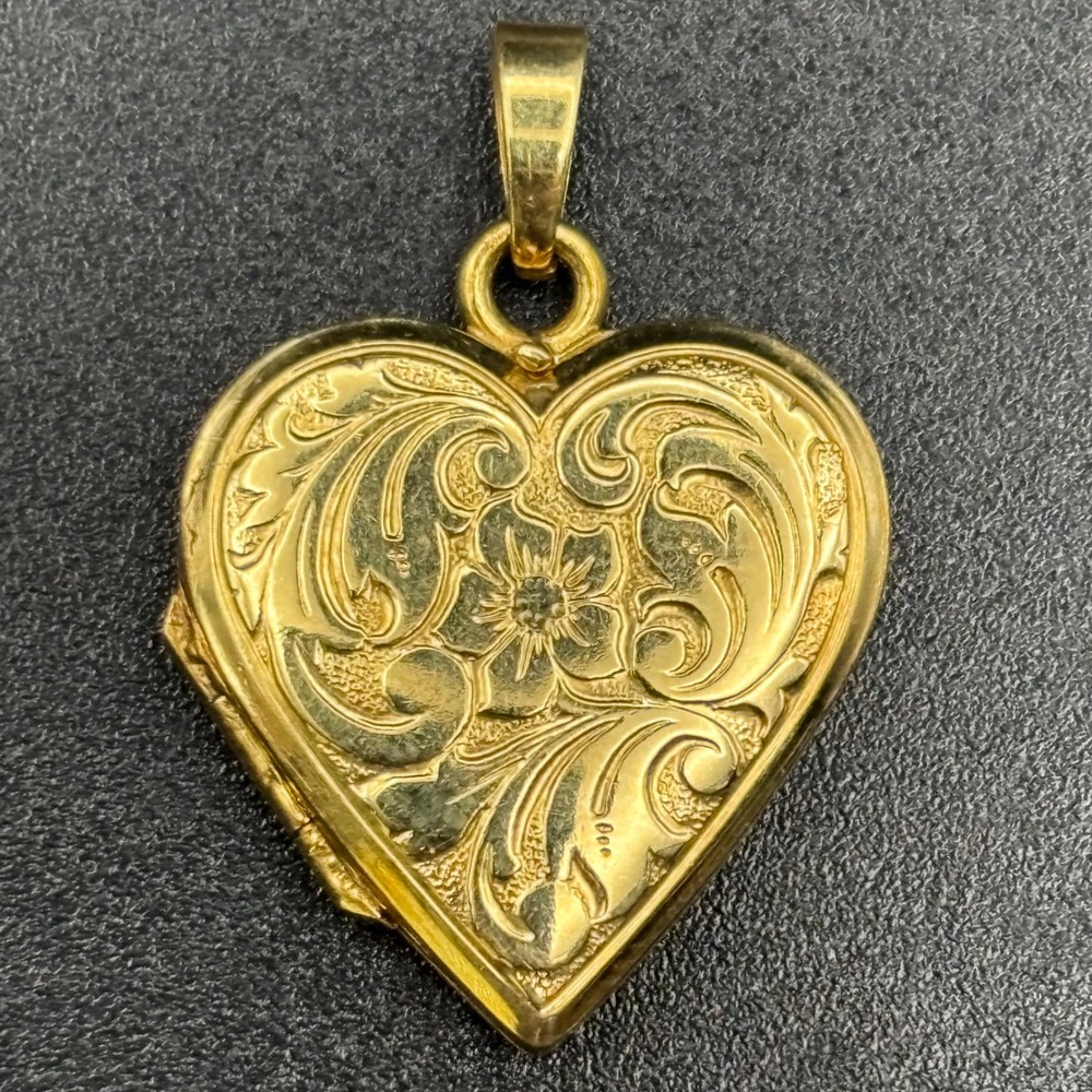 Vintage A*D Heart Locket Rolled Gold Floral Engraved Scroll Pendant